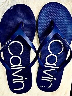 Calvin Klein Dark Blue Flip Flop Sandals with White Logo